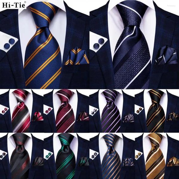 Bow Ties Hi-Tie Designer Navy Blue Striped Silk Wedk Time For Men Fashion Gift Coldie Hanky Cuff Link Business Party Drop