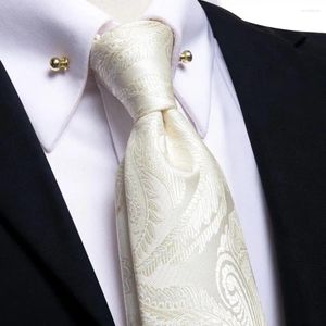 Cravates d'arc Hi-Tie Designer Paisley Ivoire Champagne Cravate de mariage en soie pour hommes Handky Cufflink Cravate avec collier Pin Business Dropship