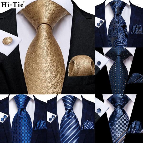 Bow Ties Hi-Tie Gold Solid Novelty 63inch Silk Men Extra Long for Woven Classic 160cm Mens Coldie Pocket Square set bout de manchette