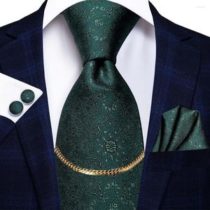 Bow Ties Hi-Tie Green Solid Luxury Silk Wedding Men's Necities Hanky ​​Cufflinks Set Fashion met Gold Chain For Men Classic Business