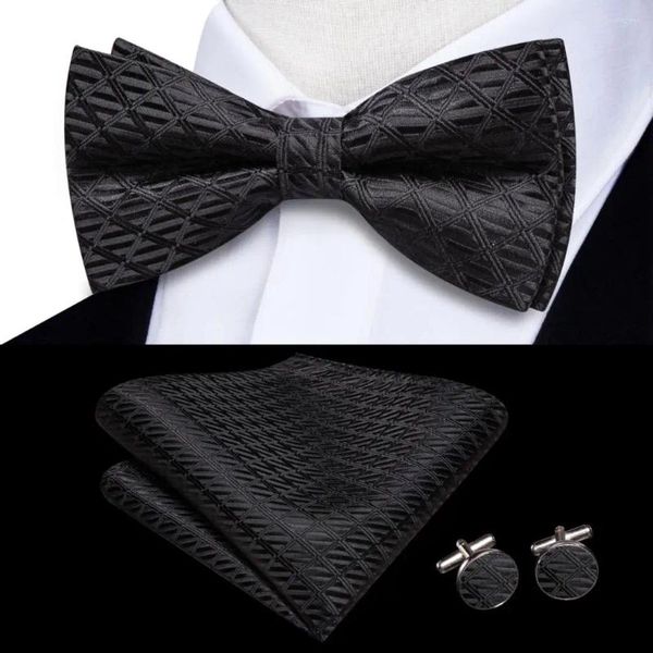 Noeuds papillon Hi-Tie Jacquard Plaid Solide Noir Bowtie pour hommes Soie Papillon Cravate Hanky Boutons de manchette Cadeau de fête de mariage en gros