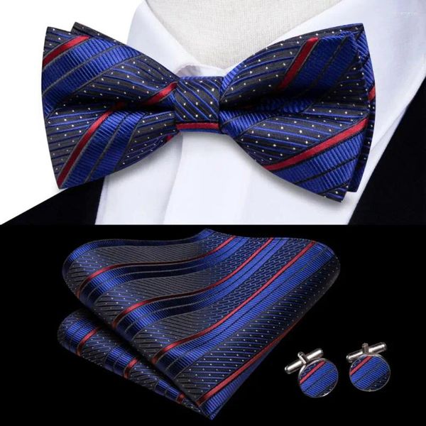 Bow Linds Hi-Tie Jacquard Rayado azul marino Bowtie para hombres Tada de mariposa de seda Hanky Gematinks Boda Fiesta de bodas Al por mayor