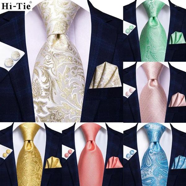 Bow Ties Hi-Tie Light Champagne Men Men de mariage Silk Tie Mint Paisley Fashion Design Fashion Design Gift Coldie For Hanky Cuffe Link Business Party