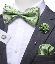 Bow Ties Hi-Tie Luxe Mint Green Silk Men's Bowtie zakdoek manchetknopen broche set vlinder knoop voor mannen trouwkantoor cadeauboog