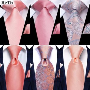 Bow Ties Hi-Tie Men Fashion Peach Pink Solid Necktie Mandkerchief Cuffinks For Tuxedo Accessory Classic Silk Luxury Gift Cravate