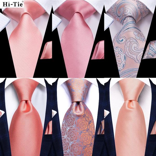 Bow Ties Hi-Tie Men Fashion Peach Pink Solid Necktie Mandkerchief Cuffinks For Tuxedo Accessory Classic Silk Luxury Gift Cravate