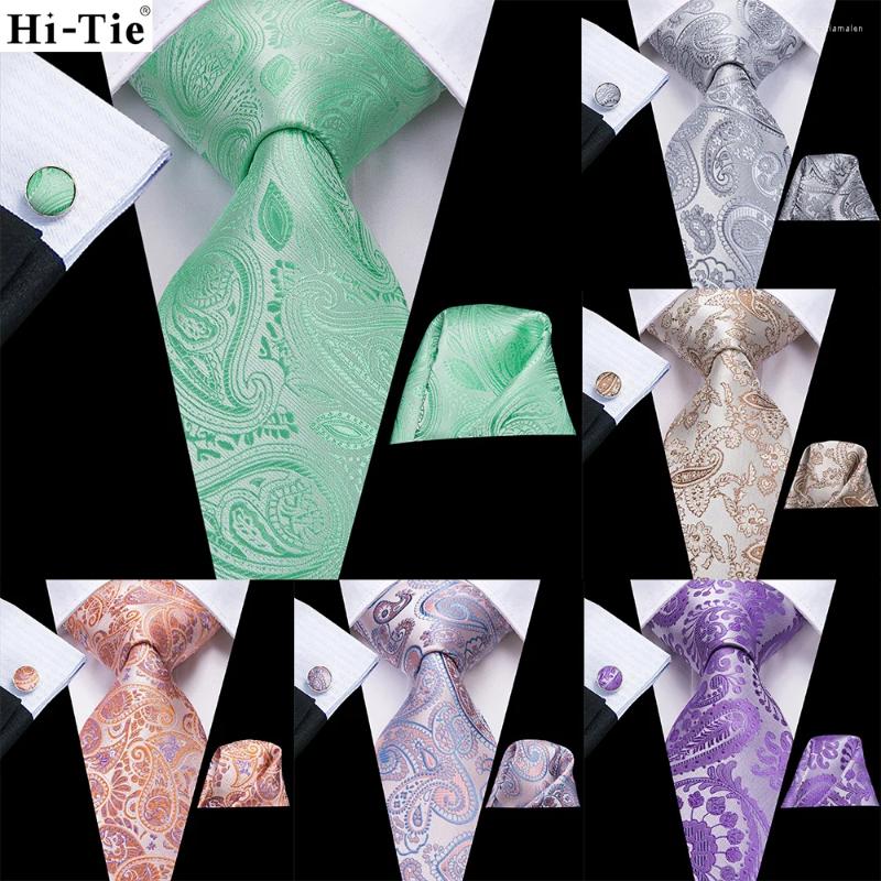 Bow Ties Hi-Tie Mint Green Paisley Silk Wedding Tie For Men Summer modedesign Hanky ​​Cufflink Gift Set Business Party Drop