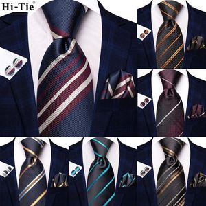 Bow Ties Hi-Tie Navy Blue White Striped Designer Gift Frave For Men 2024 Fashion Brand Wedding Party Coldie Handky Cuffe Links Dropship