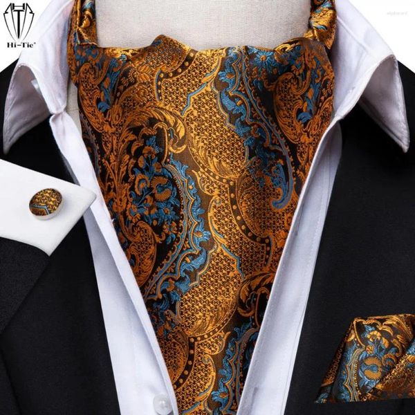 Bow Ties Hi-Tie Orange Silk Mens Ascot Ascots Pocket Square Cuffe Links Set Jacquard Floral Vintage Cravat Tie écharpe pour un cadeau de fête de mariage masculin