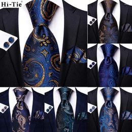 Bow Ties Hi-Tie Paisley azul marino azul sólido seda de seda para hombres mando de pañuelo para hombres set de fiesta de negocios