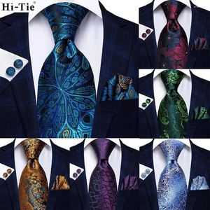 Bow Ties Hi-Tie Peacock Blue Novelty Designer Silk Wedding Tie For Men Hanky Cufflinks Gift Mens Fashion Ntraly Set Business Party