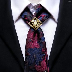 Bow Ties Hi-Tie Red Red Men's Tie Set Silk Navy Floral For Men Gold Ring Fashion Design Hanky ​​Cufflinks Bruiloft Kwaliteit Ntrigging