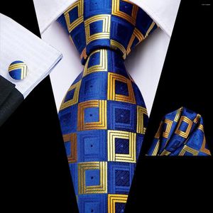 Bow Ties Hi-Tie Royal Blue Golden Fashion Mens Plaids Elegant Tie Set Jacquard Woven Coldie Hanky Cuffers de bouffée pour la fête des affaires de mariage