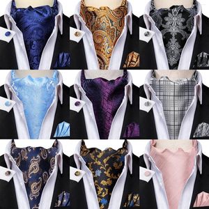 Noeuds papillon Hi-Tie Soie Mens Ascot Hanky Boutons de manchette Set Jacquard Vintage Cravate Cravate en gros pour homme Or Bleu Rouge Violet Rose Vert Blanc