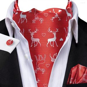 Bow Linds Hi-Tie Silk Red Mens Christmas Ascot Magflinks Hanky ​​Set Jacquard Snow Deer Vintage Navidad Cravat Tie Wholesale for Male PROM