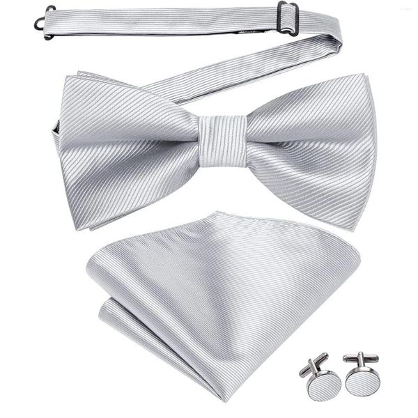 Pajaritas Hi-Tie Seda plateada Corbata para hombre Bolsillo Cuadrado Gemelos Conjunto Pre-atado Nudo de mariposa sólido Bowtie para fiesta de negocios de boda masculina