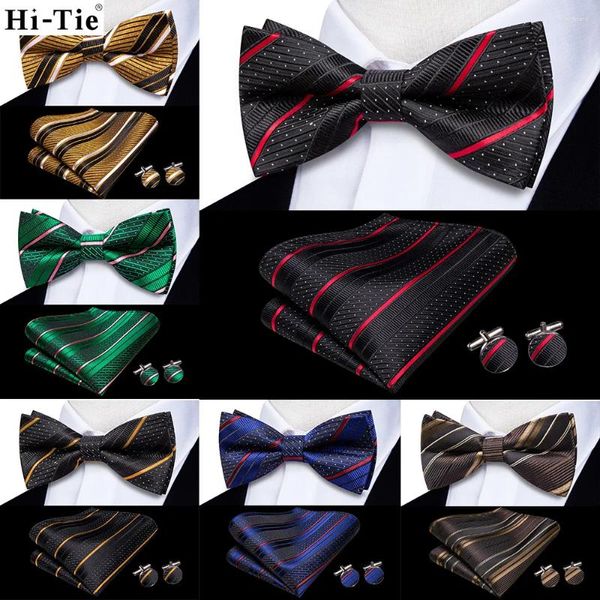 Bow Ties Hi-Tie Striped Black Red Mens Tie Hankerchief Cuffer Cufflink Pré-Tie Silk Butte