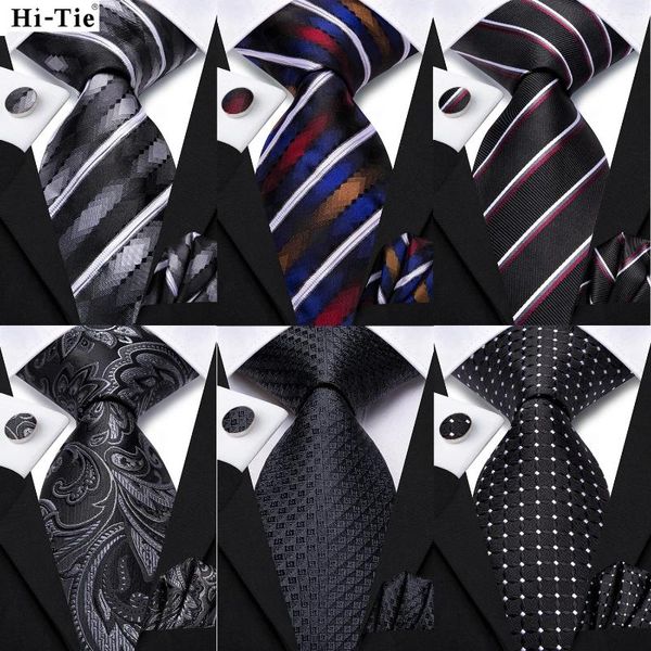 Bow Ties Hi-Tie Striped Black White Silk Elegant Elegant For Men Groom Wedding Coldie Pocket Square Couffle Link accessoire en gros