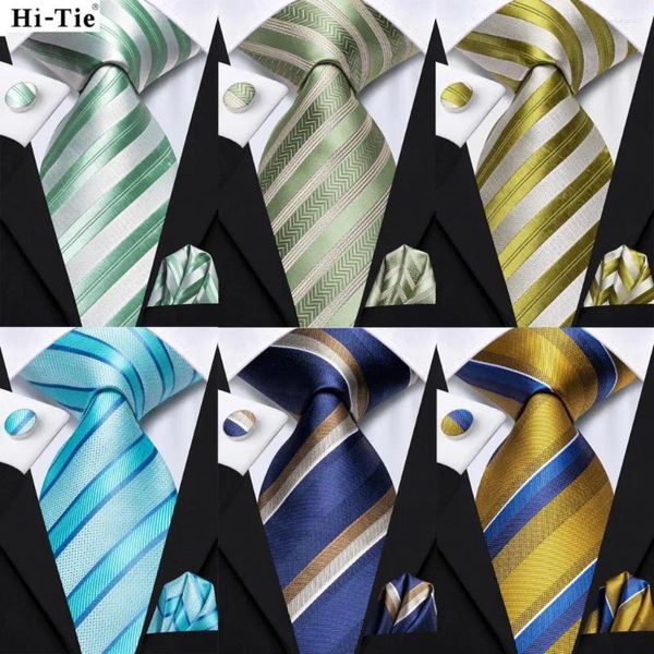 Bow Ties Hi-Tie Striped Green Mens Fashion Neckertie Mandkerchief Cuffinks for Tuxedo Accessory Classic Silk Luxury Tie MAN CADEAU