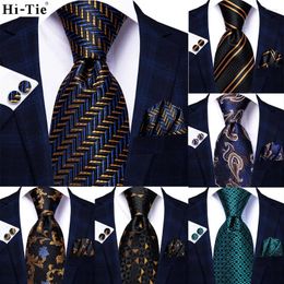 Bow Ties Hi-Tie Striped Navy Blue Gold Paisley Silk Wedding Nicktie For Men