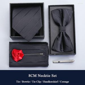 Boogbladen hoogwaardige luxe mannen stropdas set met stropdas bowtie corsage pocket square en clip zakelijke bijeenkomst zwart blauw mannelijk cadeau