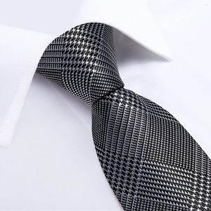 Pajaritas pata de gallo negro plata seda de lujo para hombres negocios boda corbata pañuelo gemelos conjunto regalo de los hombres artículo al por mayor