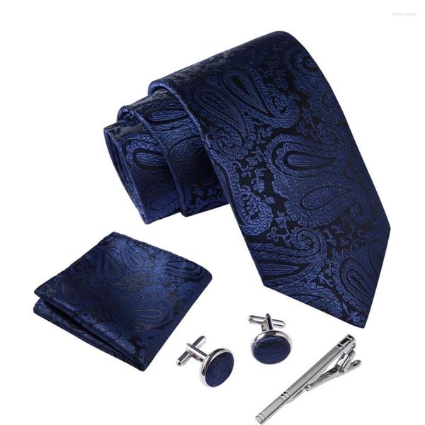 Pajaritas Ikepeibao azul marino hombres Paisley conjuntos de corbatas pañuelo a rayas corbatas gemelos de Metal y conjunto de Clip accesorios de traje de fiesta