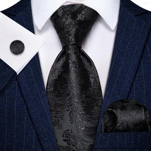 Bow Ties Jacquard Black Floral Men Entre avec des boutons de manchette de mouchoir set pour l'homme Buffice Business Party Wedding Luxury Silk 8 cm Coldage
