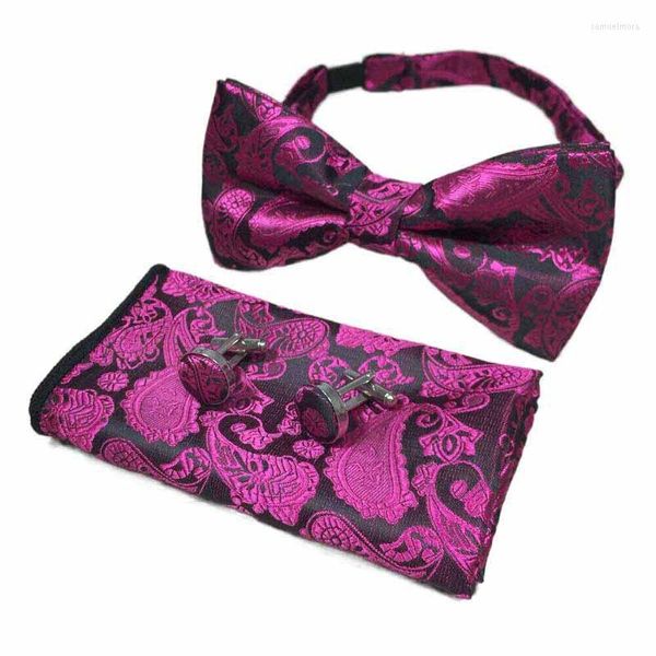 Noeuds papillon Jacquard tissé réglable hommes Paisley noeud papillon mouchoir boutons de manchette ensemble adulte smoking pré-attaché bleu cravate HJ91