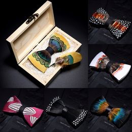 Strikjes JEMYGINS origineel ontwerp vlinderdas veer prachtige handgemaakte mannen broche speld houten geschenkset huwelijksfeest 230619