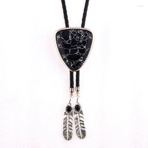 Nœuds Papillons KDG Bolo Tie Noir Howlite Triangle Pierre Naturelle Texture Alliage Plume Cuir