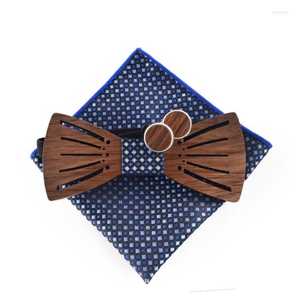 Noeuds papillon Linbaiway nouveauté en bois cravate Hanky boutons de manchette ensemble pour hommes costume noeud papillon bois creux sculpté Gravatas Cravat serviette carrée