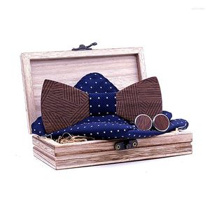 Cravates d'arc Linbaiway Retro Wood Pocket Square Boutons de manchette Set pour mariage Homme Bowties en bois Mouchoir Hanky cou avec boîte