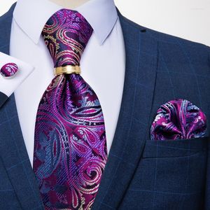 Bow Ties Luxury 8cm Purple Paisley Men Silk Tie Business Wedding Party Hanky ​​Cufflink Ring Set Shirt Accessoires Gift Dibangu