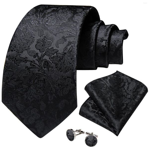 Bow Ties Luxury Black Solid Paisley Tie Set Pocket Square Cuffers de manchette 8cm Jacquard Woven Silk Wedding Party For Hommes Accessoires