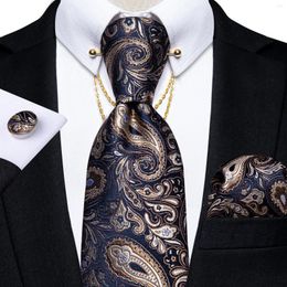 Bow Ties Luxury Blue Brown Brown Paisley Silk for Men 8cm Men's Wedding Neck Tie Pocket Square Cuffe Links Set Collar Pin avec cadeau de chaîne
