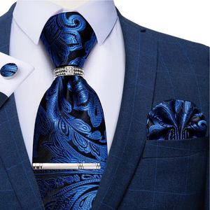 Pañuelos de lazo Conjunto de corbata de seda de Paisley azul de lujo para hombres Floral Cuello de boda para hombres Bolsillo Cuadrado Gemelos Clip Regalo al por mayor