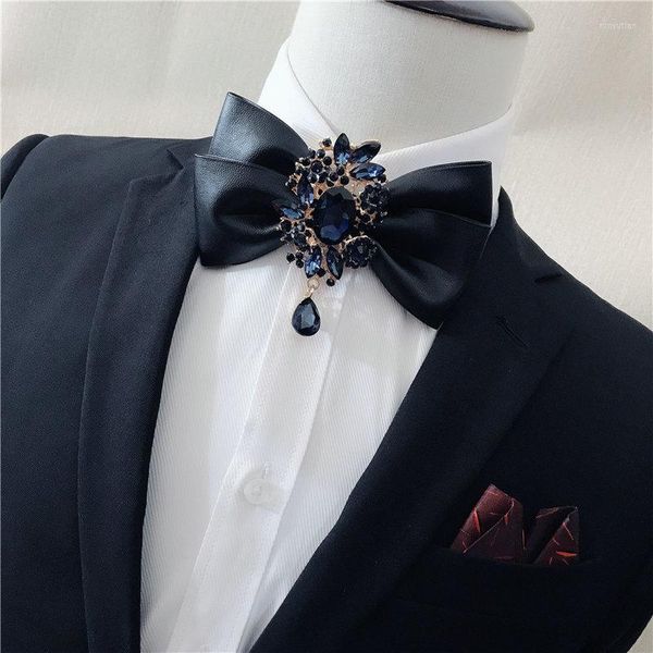 Pajaritas de lujo para hombre, negocios, boda, fiesta, corbata para mujer, novio, banda elástica, correa, corbata, aleación, Bling, capas de diamantes de imitación, pajarita de cuero PU