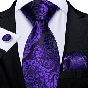 Bow Ties Luxe Purple Blue Paisley Floral Men's Silk Cufflinks 8 cm Fashion Huwelijk Tie Handkerchief Set Gift voor mannen Groothandel