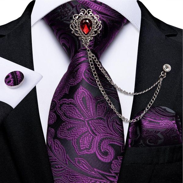 Crêt d'arc de luxe Violet Paisley Silk pour hommes Business Partie de mariage pour hommes boutons boutons de boutons de boutonnage de la chaîne de broche rouge