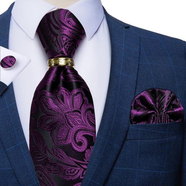 Bow Ties Luxury Purple Silk for Men Fashion Wedding Nou Tie Cadeaux Accessoires Cuffle Links Set Ring 273Z
