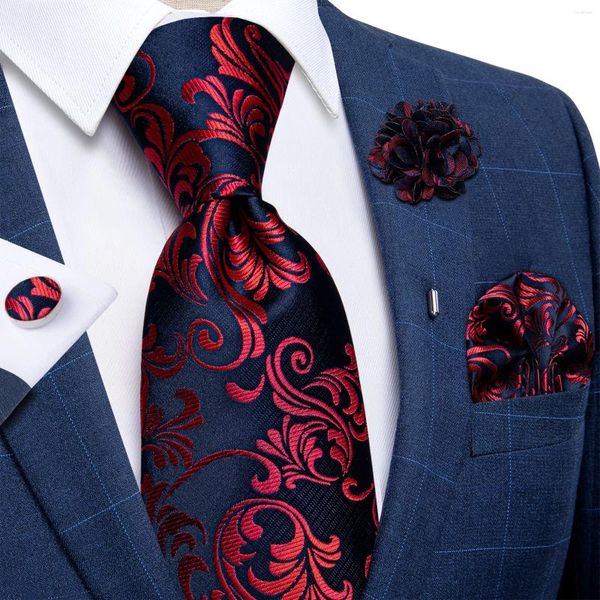 Bow Ties Luxury Red Floral Blue Silk for Men 8cm Wide Coldie Set Pocket Square Cuffers Brooch Pin Accessoires de mariage Gift pour hommes