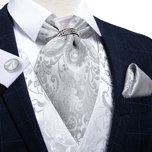 Corbatas de lazo de plata de lujo de Paisley para hombre, corbata Ascot para boda, corbata Formal, conjunto de cuello británico, gemelos cuadrados de bolsillo, DiBanGu 230619