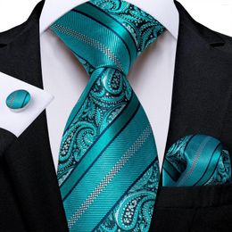 Bow Ties Luxury Teal Blue Striped Striped Paisley 8cm Men's Tie Set Setkerchief Cuffe Links ACCESSOIRES DE PARTÉ DE MEAL POUR MEN COMST