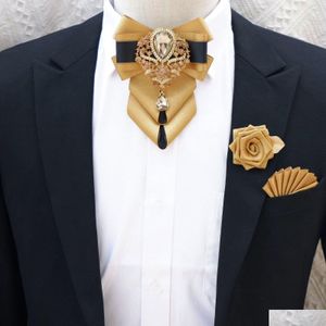 Bow Ties Luxury Tie Brooch Pocket Pocket Set Mens Bijoux haut de gamme Gift Fashion British Coréen Men Accessoires de mariage 230215 DROP DEL DHZBF
