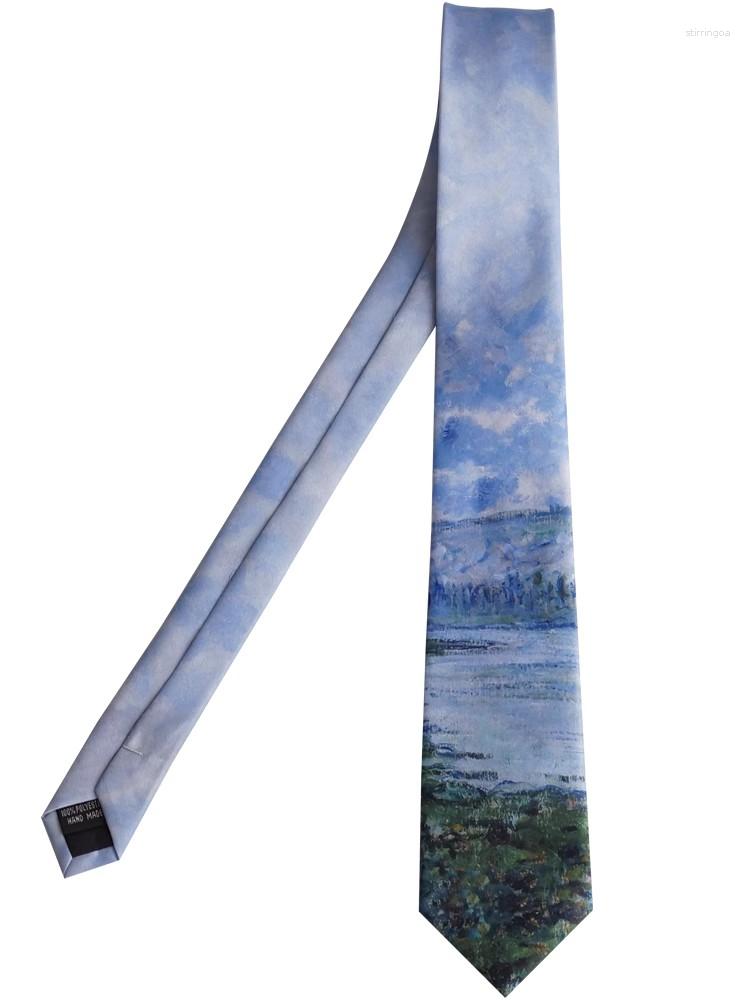 Bow slipsar manliga mäns halskläder original design oljemålning gryning av seine flod monet blå tryckt slips retro college slips
