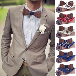 Bow Ties Manual Wooden Tie European and American Wedding Handkerchief Set Men's Bowtie Wood Hollow Canved Box