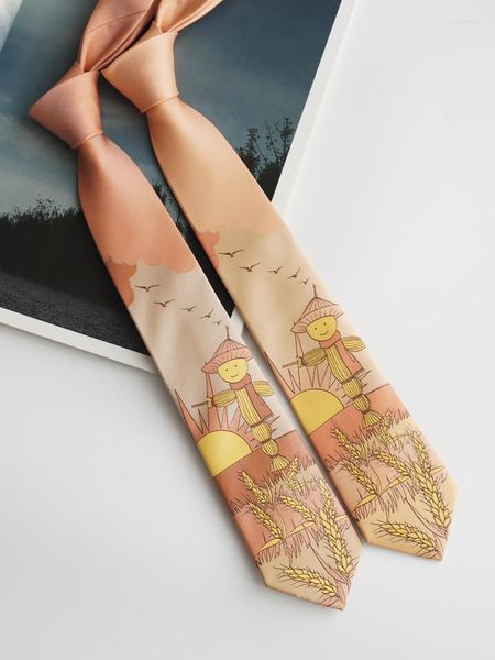 Pajaritas Corbatas para hombres Diseño original Espantapájaros Naranja Ilustración pintada a mano Corbata Regalo de cumpleaños Corbata Mujer 7cm