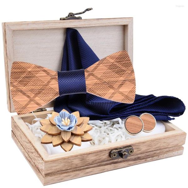 Pajaritas de madera a cuadros para hombre, conjunto de corbata de madera a rayas, pajarita, pañuelo, gemelos, conjuntos de broche con caja para hombres, regalos de boda