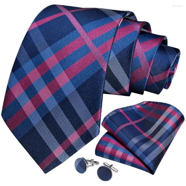 Bow Ties Men Necktie Purple Blue Plaid Silk Widding Tie pour Hanky ​​Couffe Links Set Dibangu Designer Business Party SJT-653